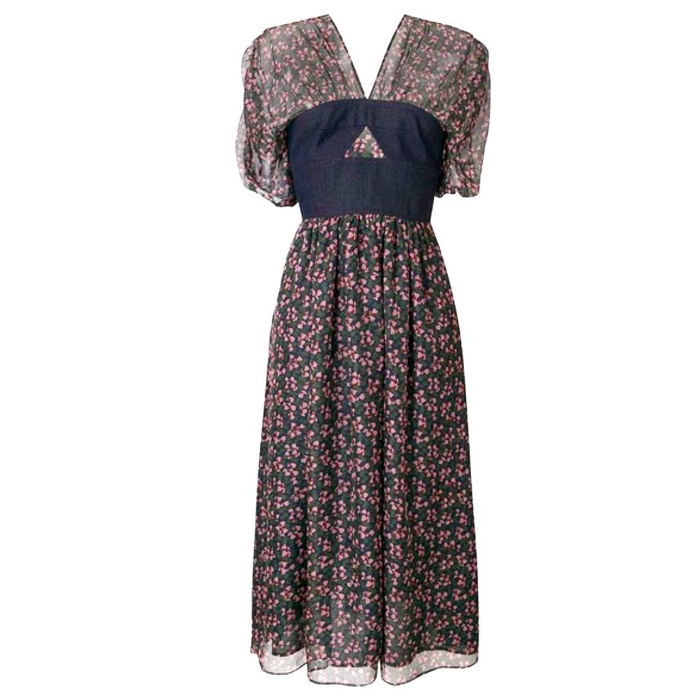 Alexa Chung Bella dress - floral chiffon midi with cutout linen bodice - RARE